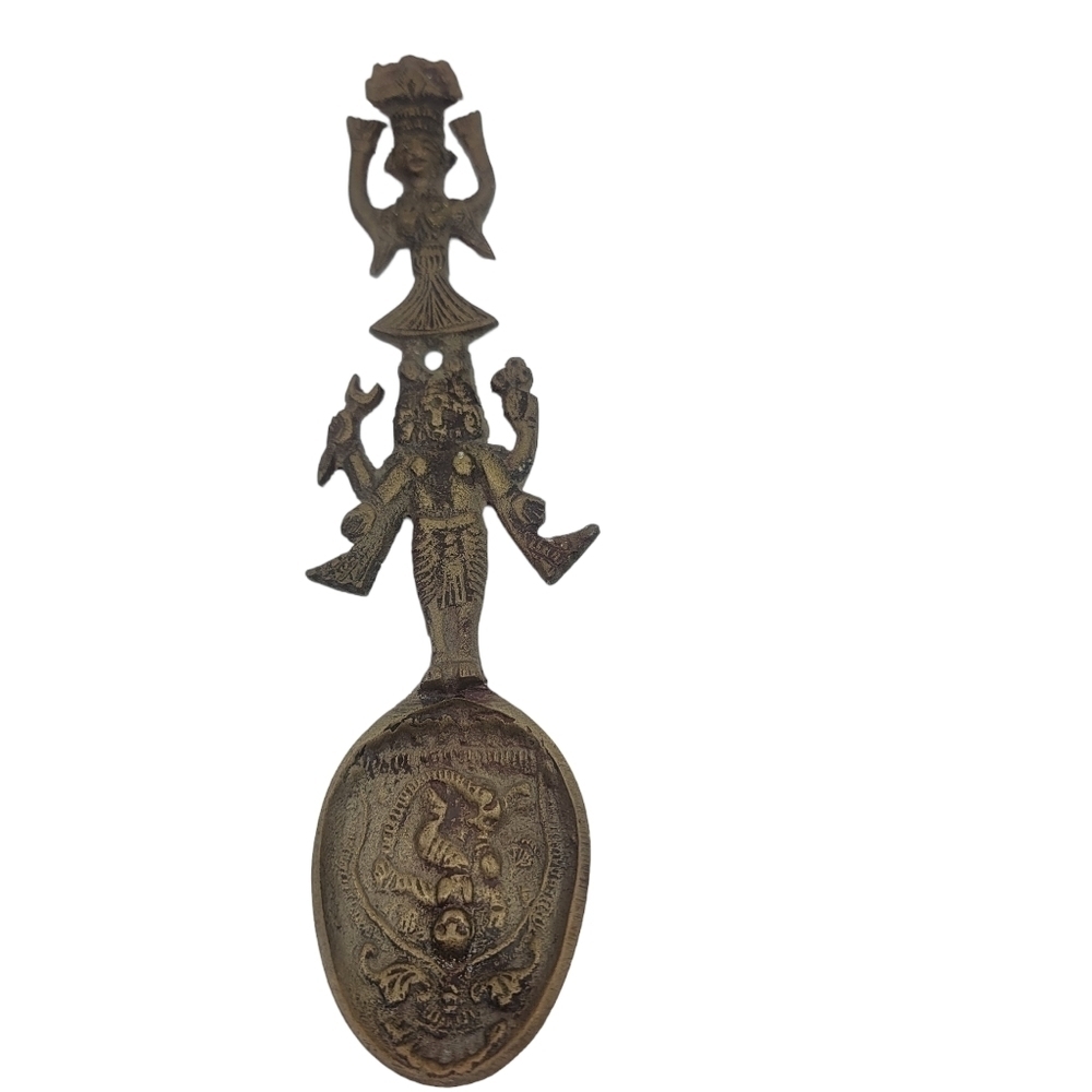 VINTAGE INDIAN HINDU GODDESS KRISHNA RITUAL SPOON BRASS 6 1/2" LONG